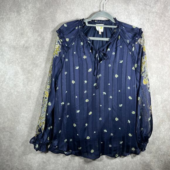 Fig And Flower Blouse Medium Blue Metallic Long Sleeve Ruffle Tie Neck Boho‎ - Picture 1 of 10